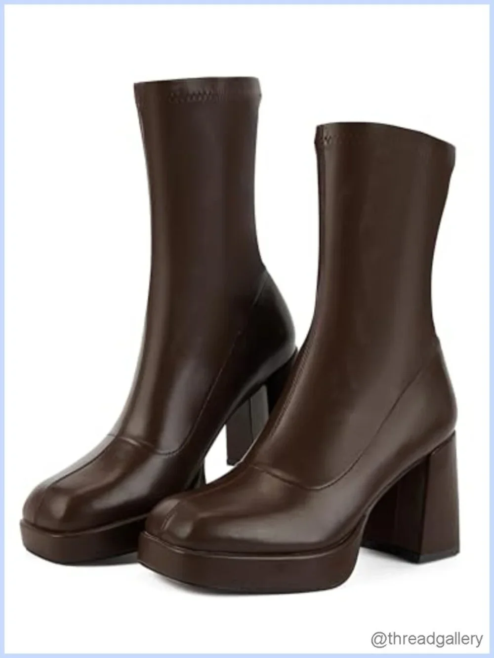 Platform Chunky Heel Boots Square Toe Pull-On Mid-Calf Faux Leather